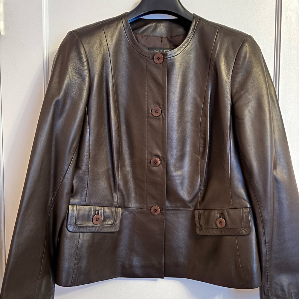 Brown leather crop peplum jacket M